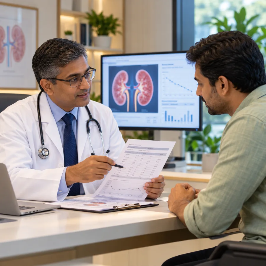 Nephrologist reviewing kidney laboratory results with an adult patient in a Hyderabad clinic