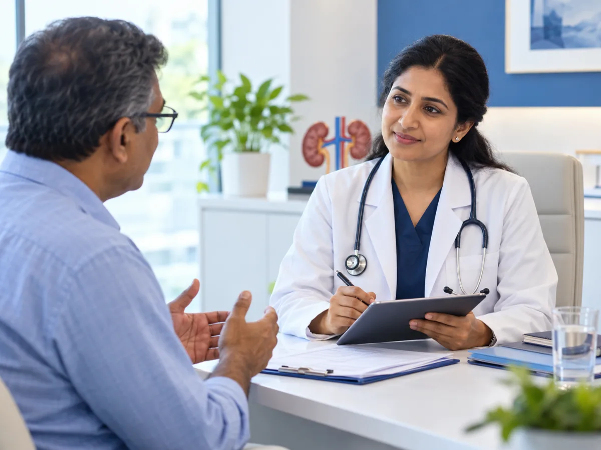 Physician and patient reviewing diabetes and kidney health information